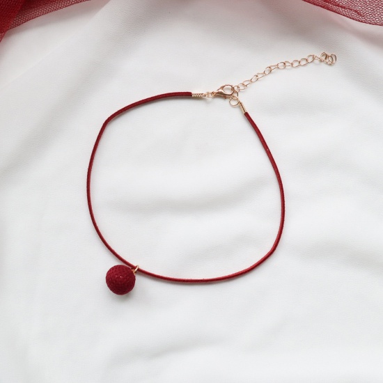 Picture of Velvet Choker Necklace Wine Red Pom Pom Ball 30cm(11 6/8") long, 1 Piece