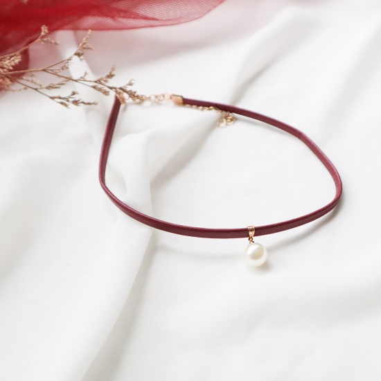 Picture of PU Leather Choker Necklace Wine Red Imitation Pearl 30cm(11 6/8") long, 1 Piece