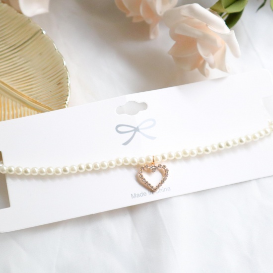 Picture of Acrylic Choker Necklace Gold Plated White Heart Imitation Pearl Clear Rhinestone 30cm(11 6/8") - 29cm(11 3/8") long, 1 Piece