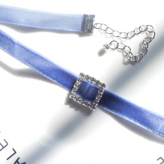 Picture of Velvet Choker Necklace Blue Rectangle Clear Rhinestone 30cm(11 6/8") long, 1 Piece