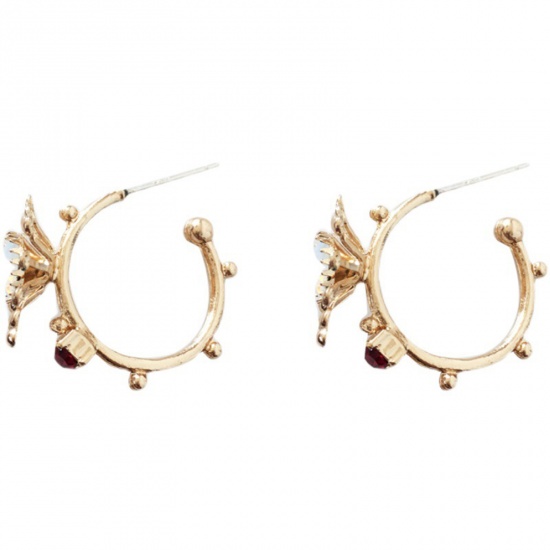 Picture of Hoop Earrings Gold Plated C Shape Flower Red Rhinestone 25mm x 22mm, 1 Pair