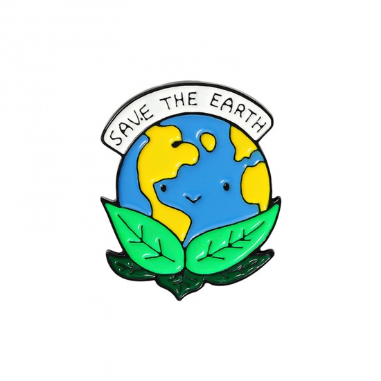 Picture of Pin Brooches Planet Earth Leaf Message " SAVE THE EARTH " Blue & Green Enamel 28mm x 23mm, 1 Piece