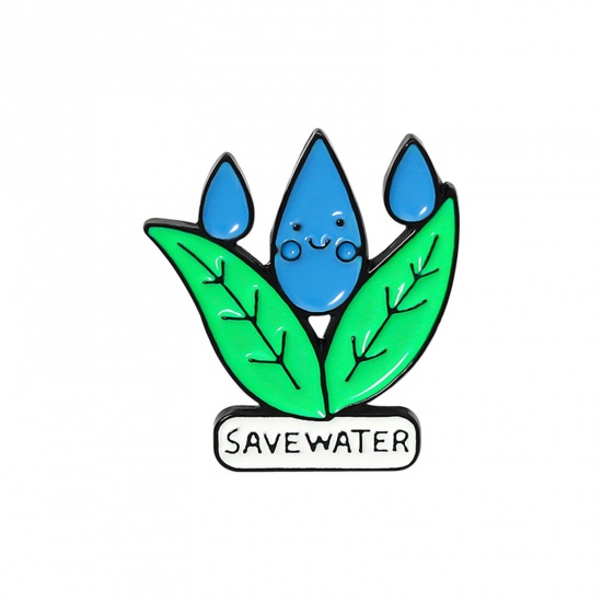 ブローチ 葉 しずく 文字 " SAVE WATER " 青 + 緑 エナメル 28mm x 23mm、 1 個 の画像