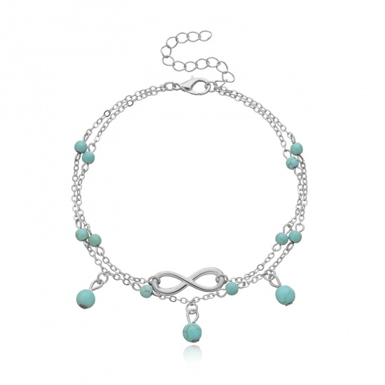 Picture of Turquoise Multilayer Layered Anklet Silver Tone Green Blue Infinity Symbol 22cm(8 5/8") long, 1 Piece