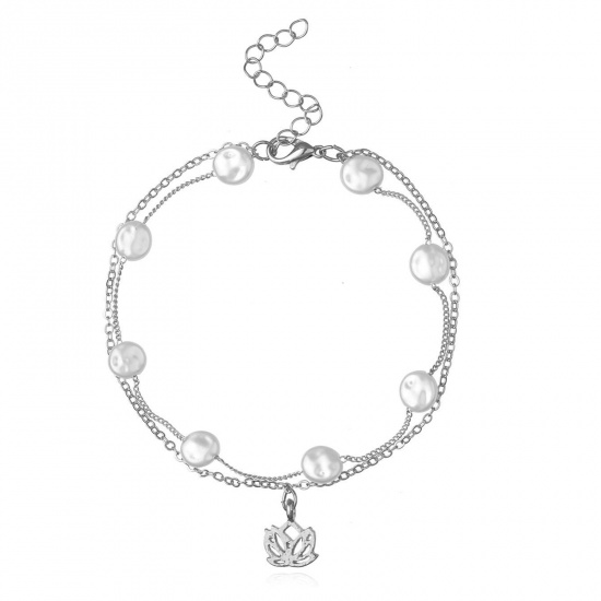 Picture of Multilayer Layered Anklet Silver Tone White Lotus Flower Imitation Pearl 22.5cm(8 7/8") long, 1 Piece