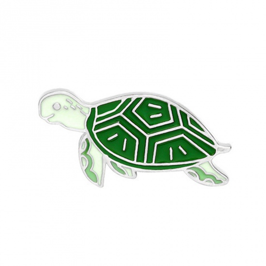 Picture of Ocean Jewelry Pin Brooches Sea Turtle Animal White & Green Enamel 30mm x 15mm, 1 Piece