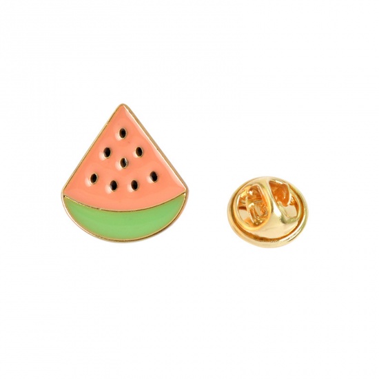 Picture of Pin Brooches Watermelon Fruit Red & Green Enamel 19mm x 17mm, 1 Piece