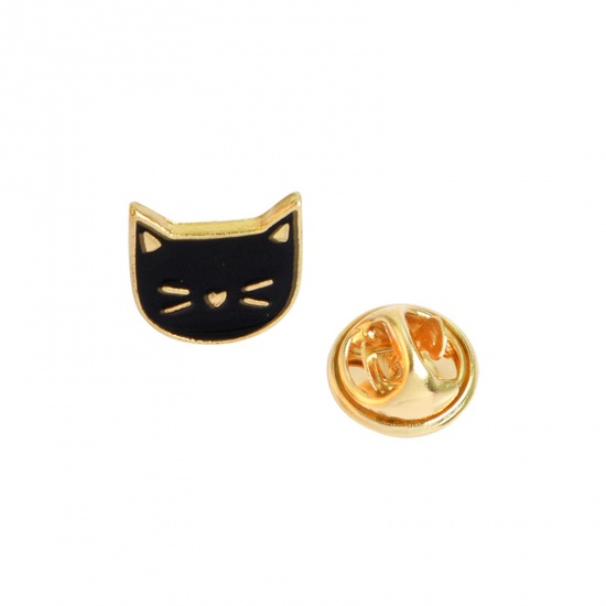 Picture of Pin Brooches Cat Animal Black Enamel 13mm x 11mm, 1 Piece