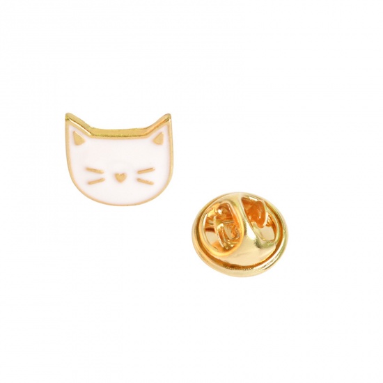 Picture of Pin Brooches Cat Animal White Enamel 13mm x 11mm, 1 Piece