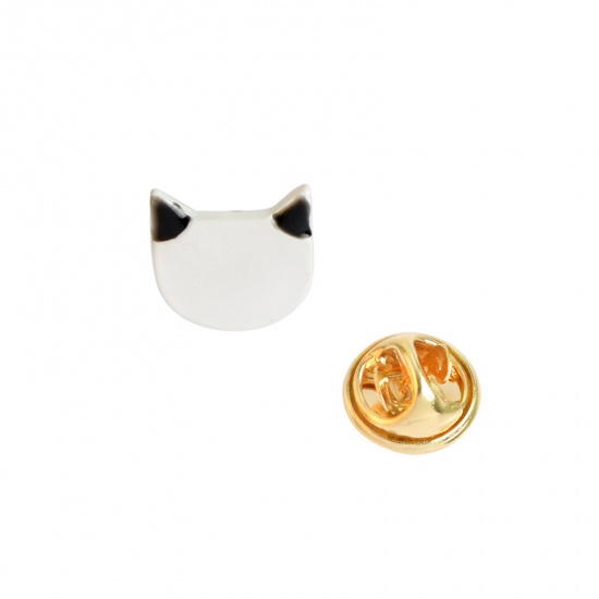 Picture of Pin Brooches Cat Animal Black & White Enamel 13mm x 11mm, 1 Piece