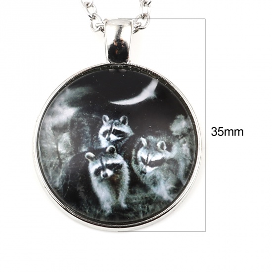 Picture of Necklace Silver Tone Gray Round Disc Raccoon 61.5cm(24 2/8") long, 2 PCs