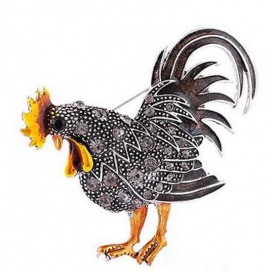 Picture of Pin Brooches Rooster Silver Tone Enamel Gray Rhinestone 64mm x 62mm, 1 Piece