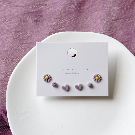 Image de Boucles d'Oreilles Puces en Acier Inoxydable & Céramique Violet Cœur Fleurs 9mm, 1 Kit 6 PCs/Kit)