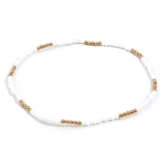 Picture of Glass Beaded Necklace White & Golden 40cm(15 6/8") long, 1 Piece