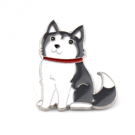 Picture of Pin Brooches Husky Animal Gray Enamel 28mm x 24mm, 1 Piece