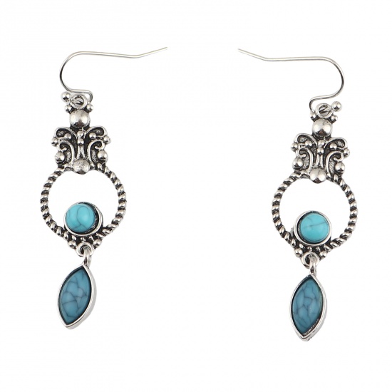 Picture of Acrylic Boho Chic Bohemia Earrings Antique Silver Color Blue Marquise Circle Ring Imitation Turquoise 50mm x 15mm, Post/ Wire Size: (21 gauge), 1 Pair