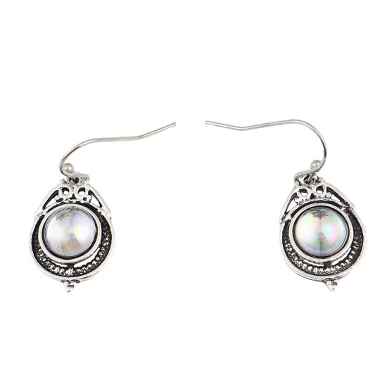 Picture of Acrylic Boho Chic Bohemia Earrings Antique Silver Color AB Color Round 30mm x 13mm, Post/ Wire Size: (21 gauge), 1 Pair