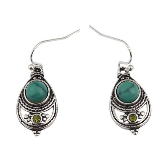 Picture of Acrylic Boho Chic Bohemia Earrings Antique Silver Color Green Drop Imitation Turquoise 32mm x 13mm, Post/ Wire Size: (21 gauge), 1 Pair