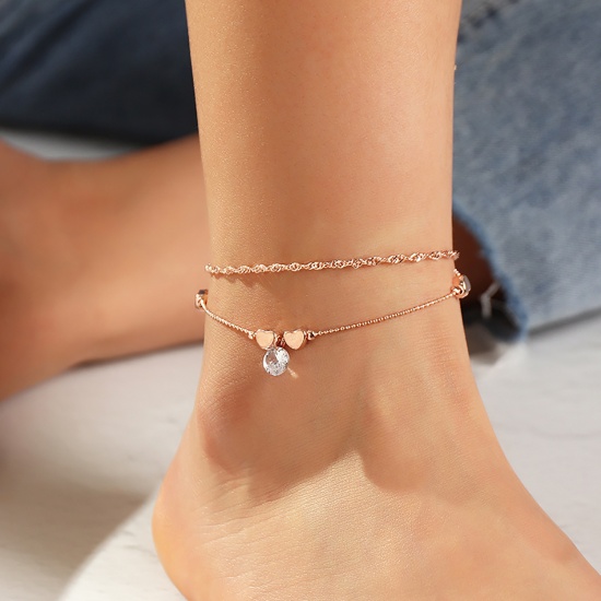 Picture of Multilayer Layered Anklet Gold Plated Heart Clear Rhinestone 21cm(8 2/8") long, 1 Piece