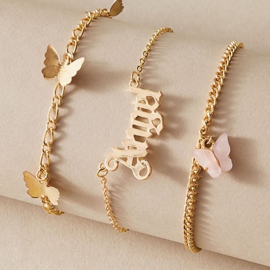 Picture of Acrylic Anklet Gold Plated Pink Butterfly Animal Message " Angel " 21.5cm 21cm long, 1 Set ( 3 PCs/Set)