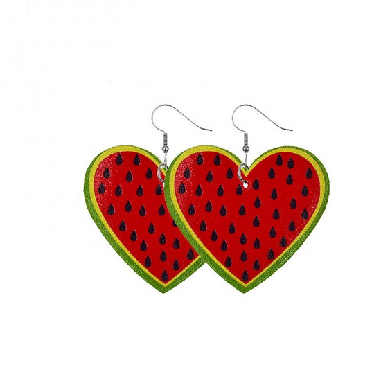 Picture of PU Leather Earrings Red & Green Heart Watermelon Fruit 65mm x 50mm, 1 Pair