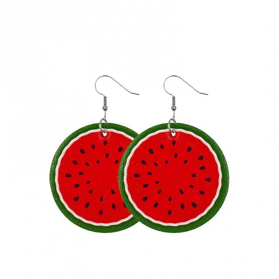 Picture of PU Leather Earrings Red & Green Round Watermelon Fruit 65mm x 45mm, 1 Pair