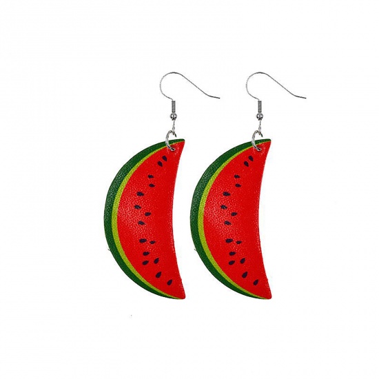 Picture of PU Leather Earrings Red & Green Half Moon Watermelon Fruit 70mm x 26mm, 1 Pair