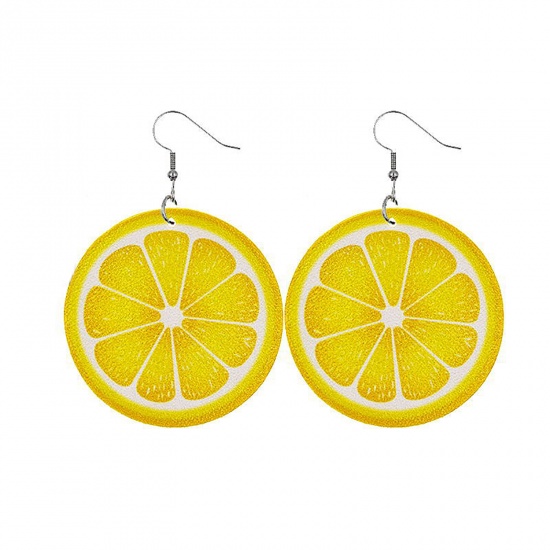 Picture of PU Leather Earrings Yellow Lemon 65mm x 45mm, 1 Pair
