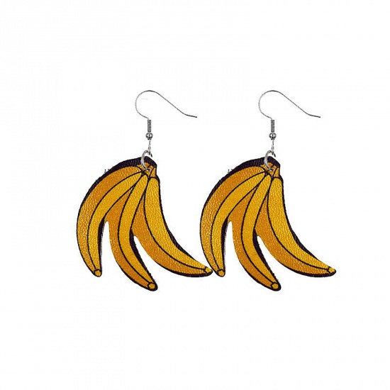 Picture of PU Leather Earrings Orange Banana Fruit 60mm x 40mm, 1 Pair
