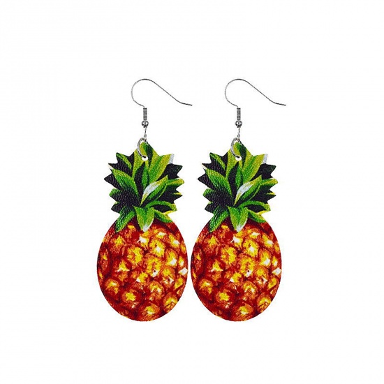 Picture of PU Leather Earrings Green & Orange Pineapple/ Ananas Fruit 74mm x 26mm, 1 Pair