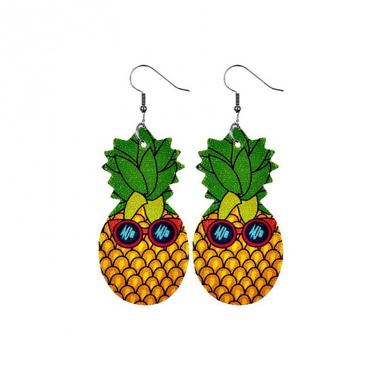 Picture of PU Leather Earrings Green & Orange Pineapple/ Ananas Fruit Eyeglasses 75mm x 25mm, 1 Pair