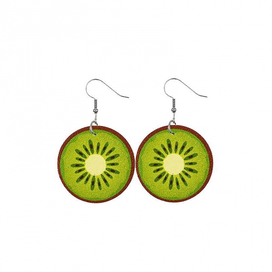 Picture of PU Leather Earrings Green Kiwi Fruit 55mm x 35mm, 1 Pair