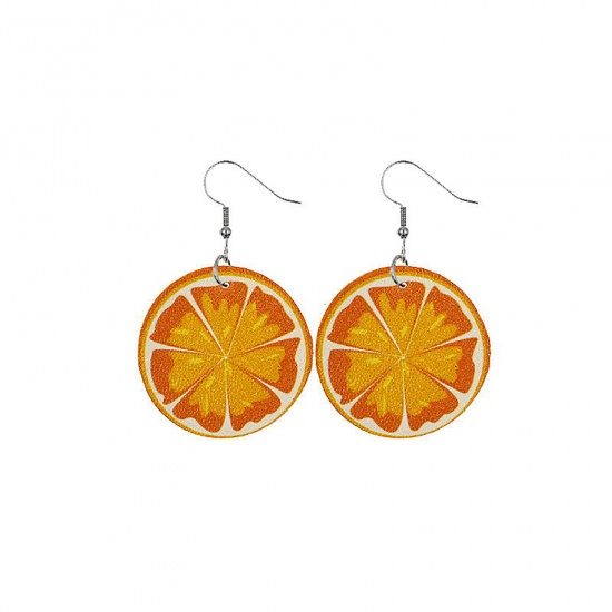 Picture of PU Leather Earrings Orange Grapefruit 53mm x 33mm, 1 Pair