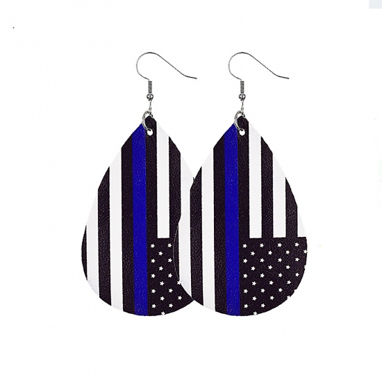 Picture of PU Leather American Independence Day Earrings Blue & Black Drop Flag Of The United States 78mm x 38mm, 1 Pair