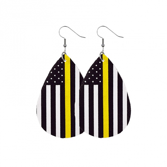 Picture of PU Leather American Independence Day Earrings Black & Yellow Drop Flag Of The United States 78mm x 38mm, 1 Pair