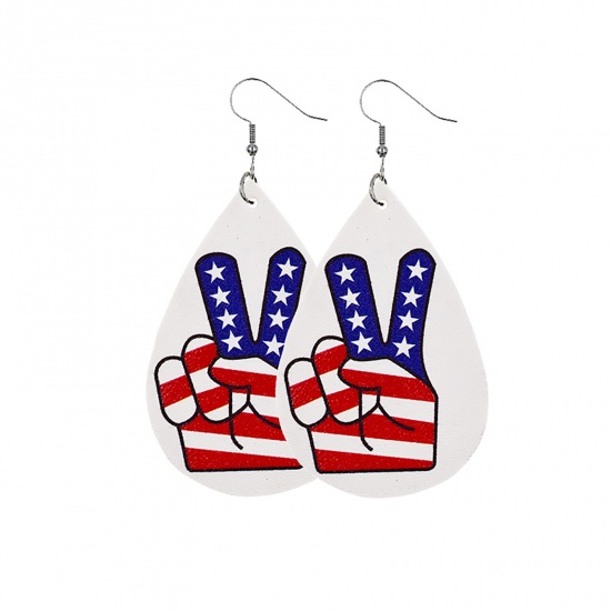 Picture of PU Leather American Independence Day Earrings Red & Blue Drop Gesture 78mm x 38mm, 1 Pair