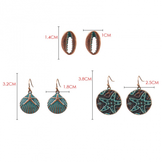 Picture of Patina Earrings Antique Copper Shell Star Fish 38mm x 25mm - 14mm x 10mm, 1 Set ( 3 Pairs/Set)