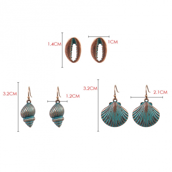 Picture of Patina Earrings Antique Copper Shell Conch Sea Snail 32mm x 21mm - 14mm x 10mm, 1 Set ( 3 Pairs/Set)