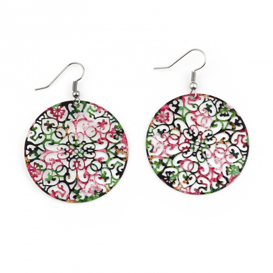 Picture of Copper Filigree Stamping Earrings Pink & Green Round Flower 57mm x 40mm, Post/ Wire Size: (21 gauge), 1 Pair
