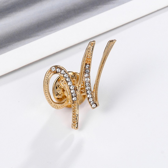 Picture of Pin Brooches Capital Alphabet/ Letter Message " W " Gold Plated Clear Rhinestone 27mm x 25mm, 1 Piece