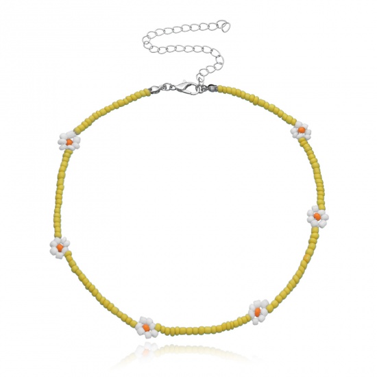 Bild von Glas Perlenkette Weiß & Gelb Blumen 35cm lang, 1 Strang