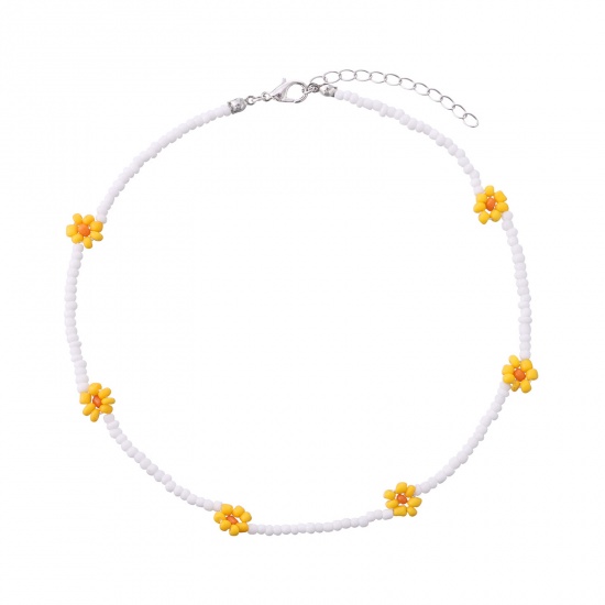 Bild von Glas Perlenkette Weiß & Gelb Blumen 35cm lang, 1 Strang