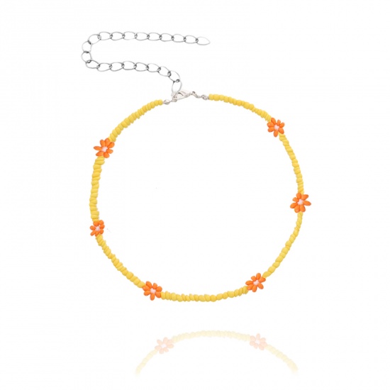 Immagine di Vetro Collana di Perline Giallo & Arancione Fiore lunghezza: 35cm, 1 Pz