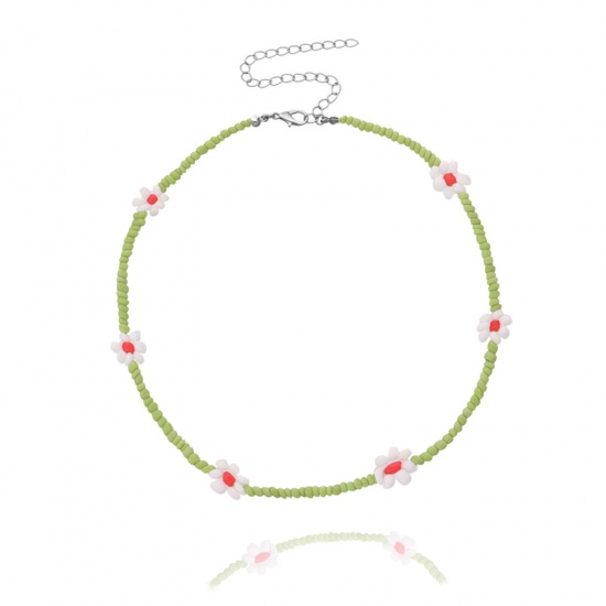 Bild von Glas Perlenkette Hellgrün Blumen 35cm lang, 1 Strang