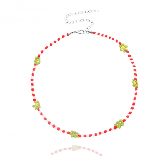 Bild von Glas Perlenkette Rot & Grün Blumen 35cm lang, 1 Strang