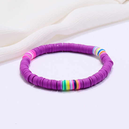 Image de Bracelets Raffinés Bracelets Délicats Bracelet de Perles Style Bohème en Pâte Polymère Violet Rond 18cm long, 1 Pièce