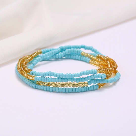 Picture of Glass Beaded Layered Body Waist Belly Chain Necklace Yellow & Blue 80cm(31 4/8") long, 2 PCs