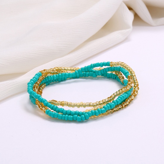 Picture of Glass Beaded Layered Body Waist Belly Chain Necklace Yellow & Green Blue 80cm(31 4/8") long, 2 PCs