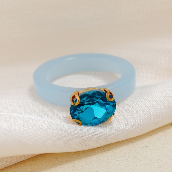 Picture of Resin Unadjustable Rings Skyblue Circle Ring Deep Blue Cubic Zirconia 1 Piece