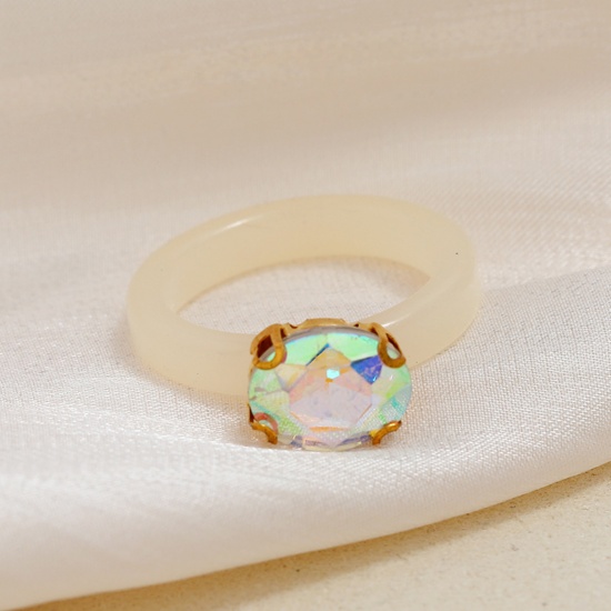 Picture of Resin Unadjustable Rings Creamy-White Circle Ring AB Color Cubic Zirconia 1 Piece
